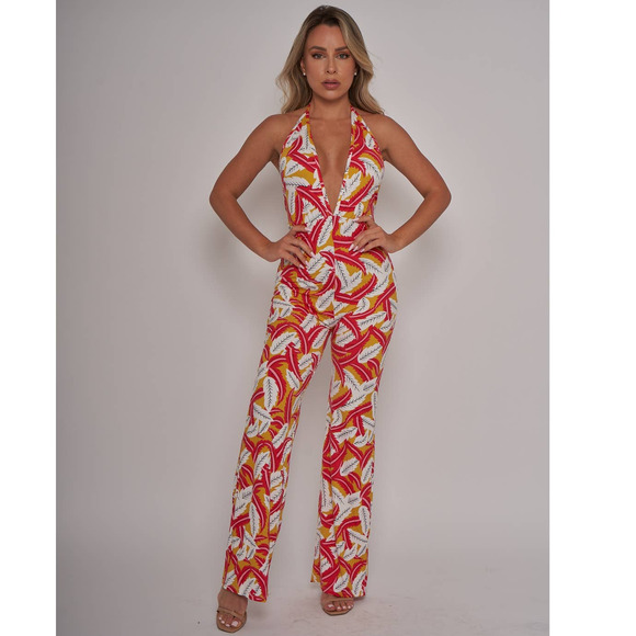 NWT Red Tropical Print Halter V Neck Jumpsuit - Picture 1 of 7